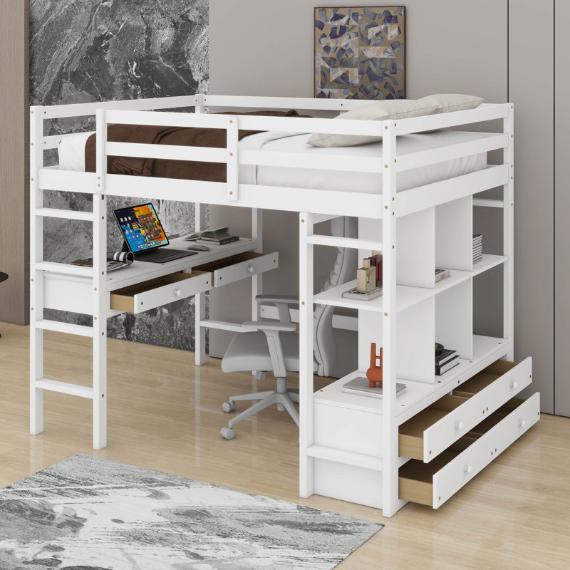 Lit mezzanine double avec bureau intégré, tablettes et tiroirs de rangement