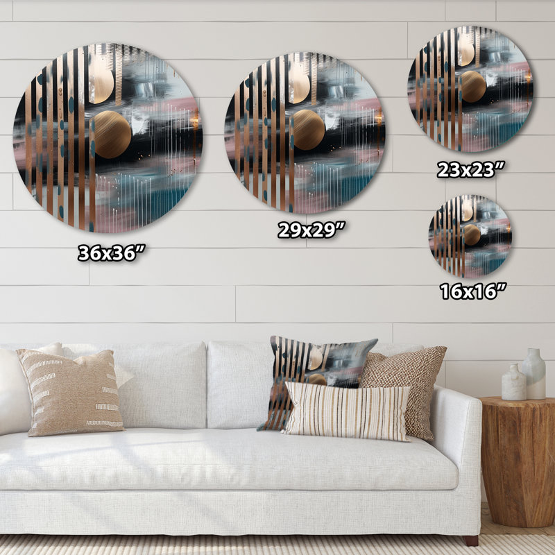 «Metallic Stripes And Circles I», art mural rond abstrait en marbre sur métal, H 29 po x l 29 po x P 1 po