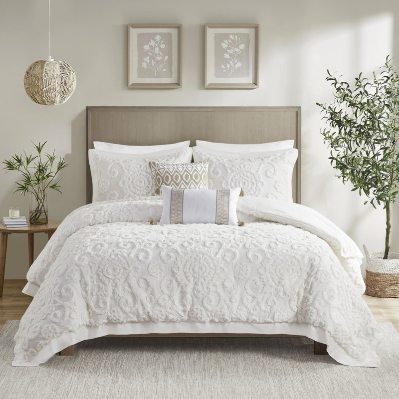 Édredon 100% coton avec bourre et broderie en chenille et 2 taies décoratives,, Édredon très grand + 2 taies décoratives