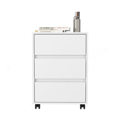 Filing Cabinet, Four Casters, Three Drawers, Top Surface, White