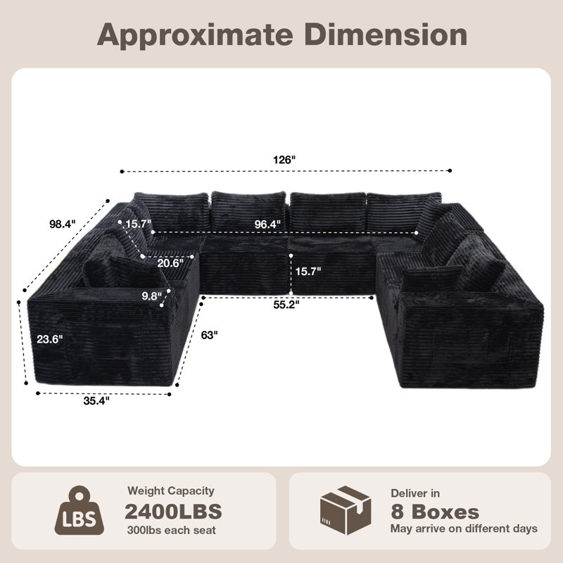126" U-Shaped Compression Sectional For 8, Corduroy Cloud Couch, Black