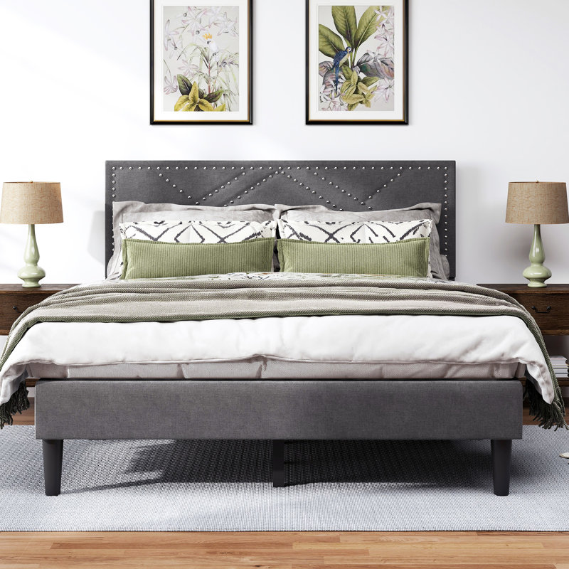 Cadre de lit pour grand lit électrifiant dévoilant une tête de lit en lin et une structure silencieuse, sous le rangement, sans sommier, 485 lb, cadre gris anthracite gris anthracite, tête de lit silencieuse, option offerte,