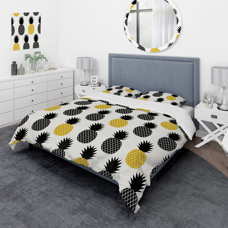 Ananas noir et jaune - ensemble de housse de couette moderne Mid-Century - microfibre de polyester