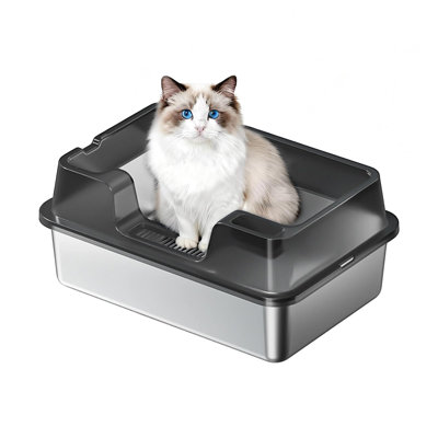 Très grand bac à litière pour chat en acier inoxydable avec couvercle ouvert et marchepied