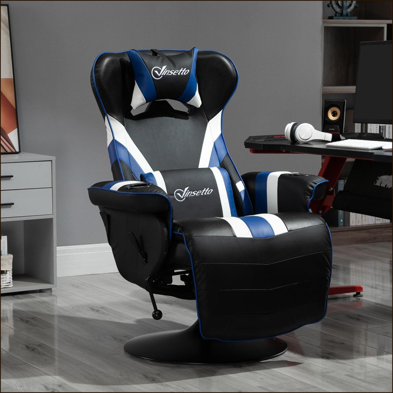 Fauteuil inclinable de jeu, style course avec support lombaire, repose-pieds et amp; Porte-gobelets, noir / blanc / bleu royal | Noir | PVC