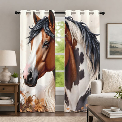 2Pcs Brown Horse Pattern Curtains, Animal Theme Curtain, Decorative Farmhouse Style Printed Art Grommet Drapes, Window Treatment for Bedroom Living Room Decor