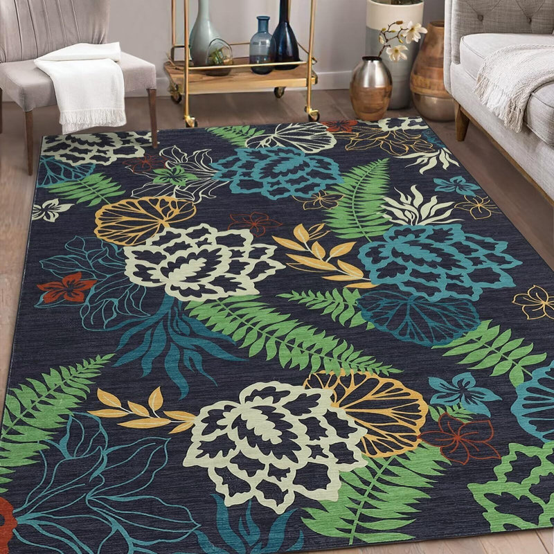 Tapis lavable à motif floral moderne, Rectangle 8 pi x 10 pi