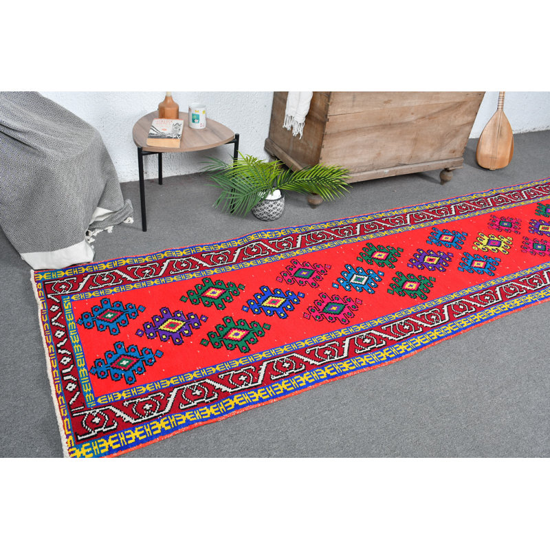 Tapis turc de style bohème tissé à la main avec motifs géométriques bleus / roses