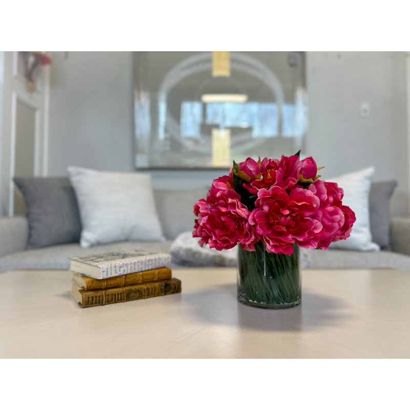 Peony Arrangement in Glass Vase with Grass, Light Fuchsia
