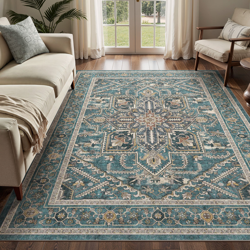 Oriental Vintage Area Rug Bohemian Traditional Carpet for Living Room, Bedroom, Dining Room, Blue, Rectangle 5' x 7'