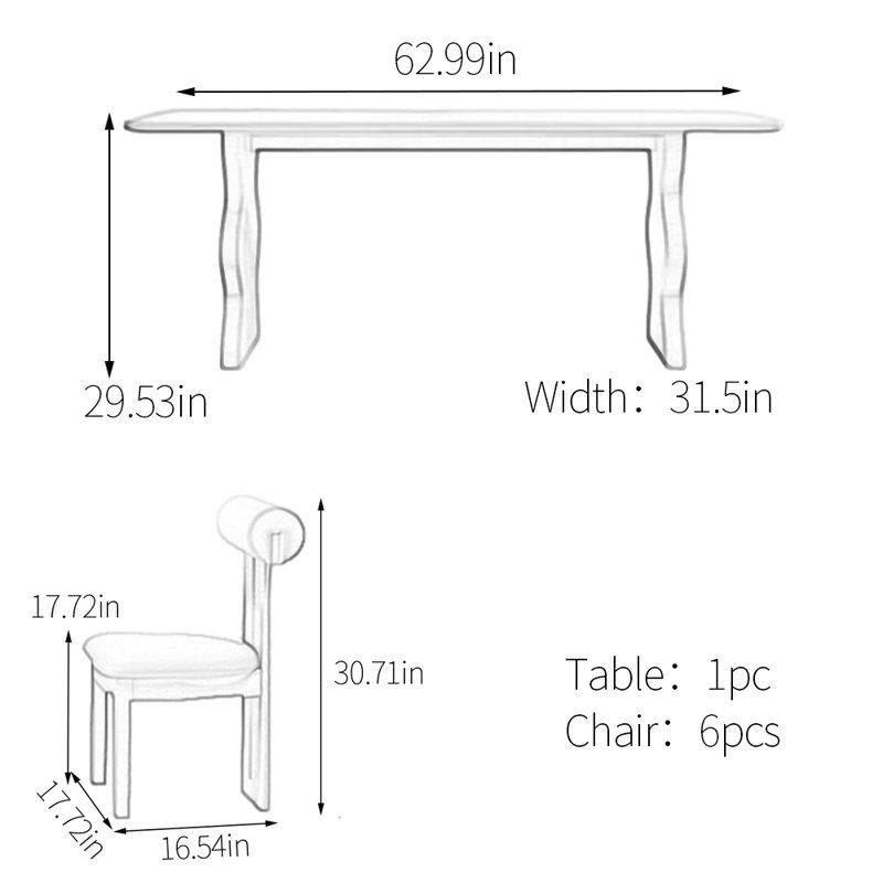 Ensemble de table de salle à manger à pieds ondulés en pierre frittée, H 29,53 po x L 62,99 po x l 31,5 po
