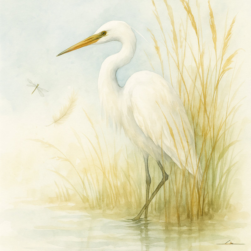 «Dragonfly Moment: Aigrette dans de hautes herbes», toile tendue, H 20 po x l 20 po
