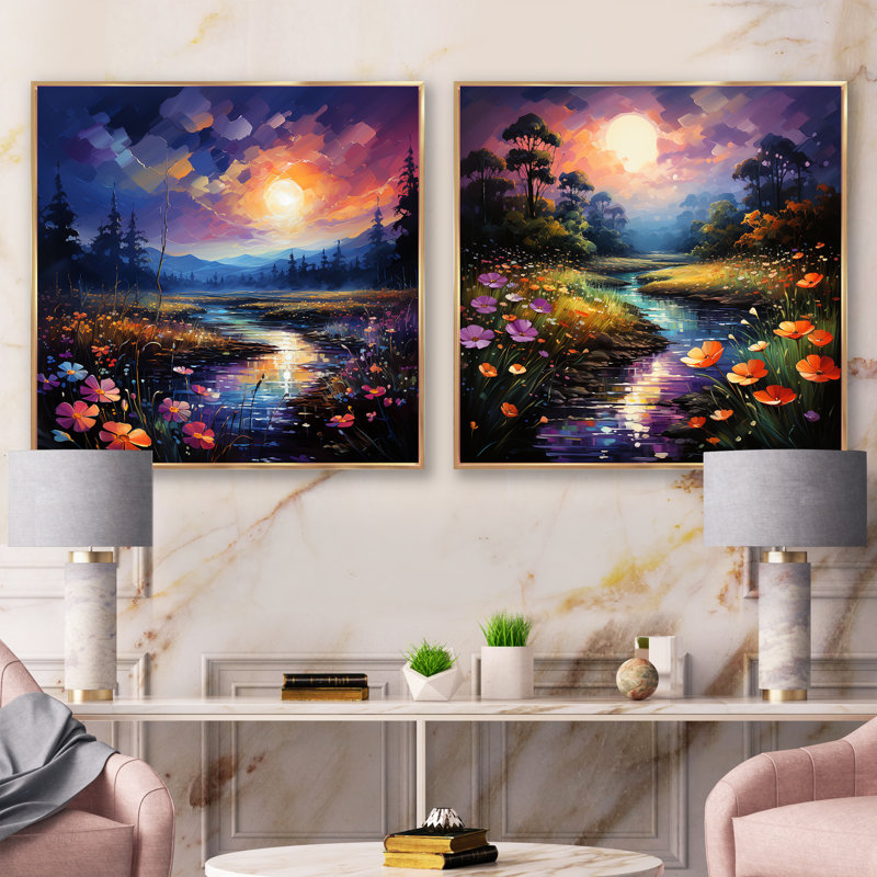 Luminous Blossoms At Night - Ensemble abstrait de paysages abstraits carrés, Cadre flottant doré, H 16 po x l 33 po