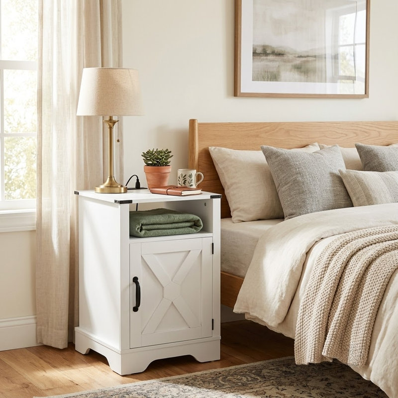 Table de chevet en bois de 25 po de hauteur avec station de charge, table de bout rustique blanche avec armoire de rangement et tablette ouverte