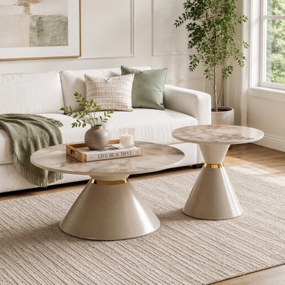 Ensemble de 2 tables basses rondes gigognes, tables basses en pierre frittée avec piédestal kaki et anneau décoratif doré, tables d'appoint modernes et luxueuses pour petit salon
