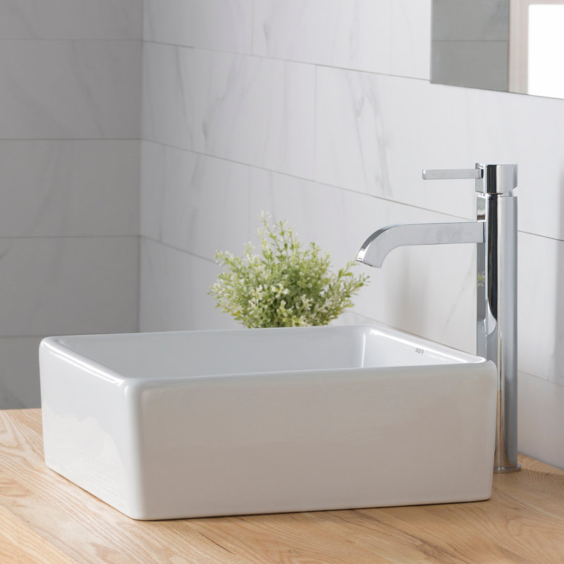 Ceramic Square Vessel Bathroom Sink with Faucet, Chrome