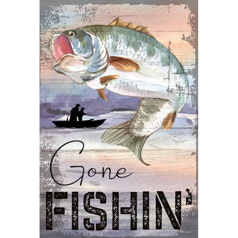 «Gone Fishin '» par Nicole DeCamp, Papier doré avec reproduction encadrée, H 18 po x l 12 po