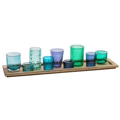 Devers Round Glass Votive Holders on Wood Tray, Set of 9