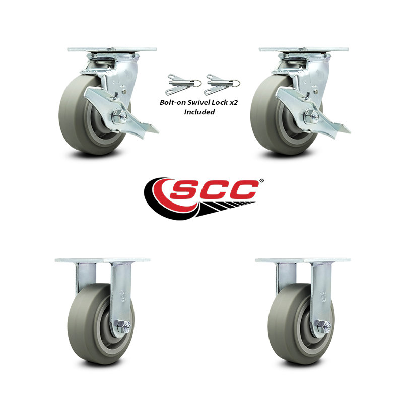 5 Inch Thermoplastic Rubber Caster Set with 2 Brakes/Swivel Lock 2 Rigid SCC/SCC-30CS520-TPRRF-TLB-BSL-2-R-2