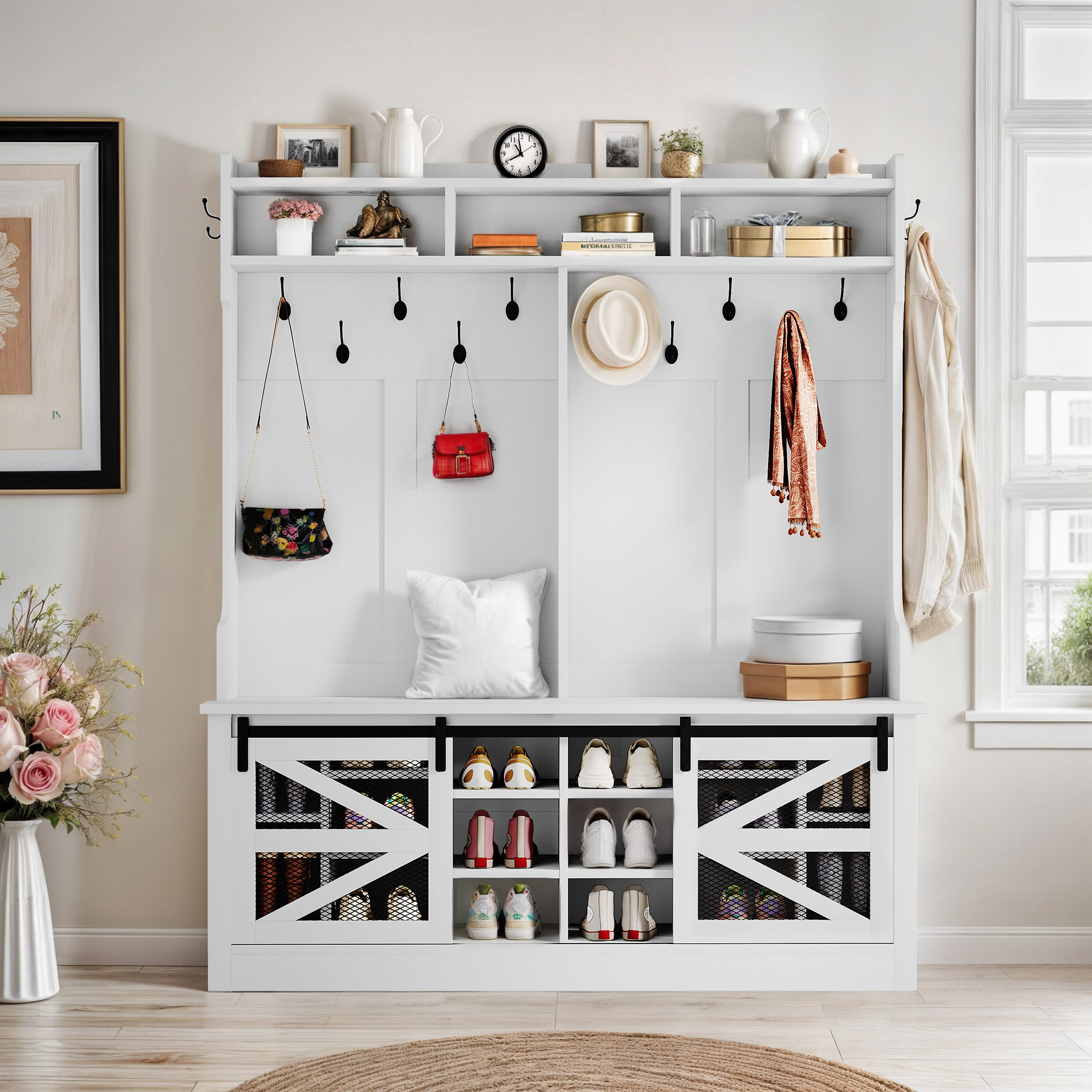 Gracie Oaks Bharkha Hall Tree 59.0'' Wide with Bench and Shoe Storage