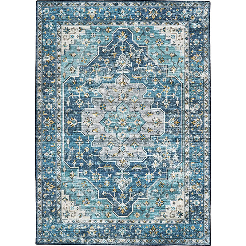 Ducote Washable Teal and Ivory Machine Woven Area Rug, Rectangle 5' x 7'