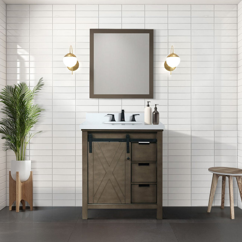 Meuble-lavabo brun rustique 30 po X P 22 po D, ensemble de comptoir et robinet en quartz blanc, Brun rustique