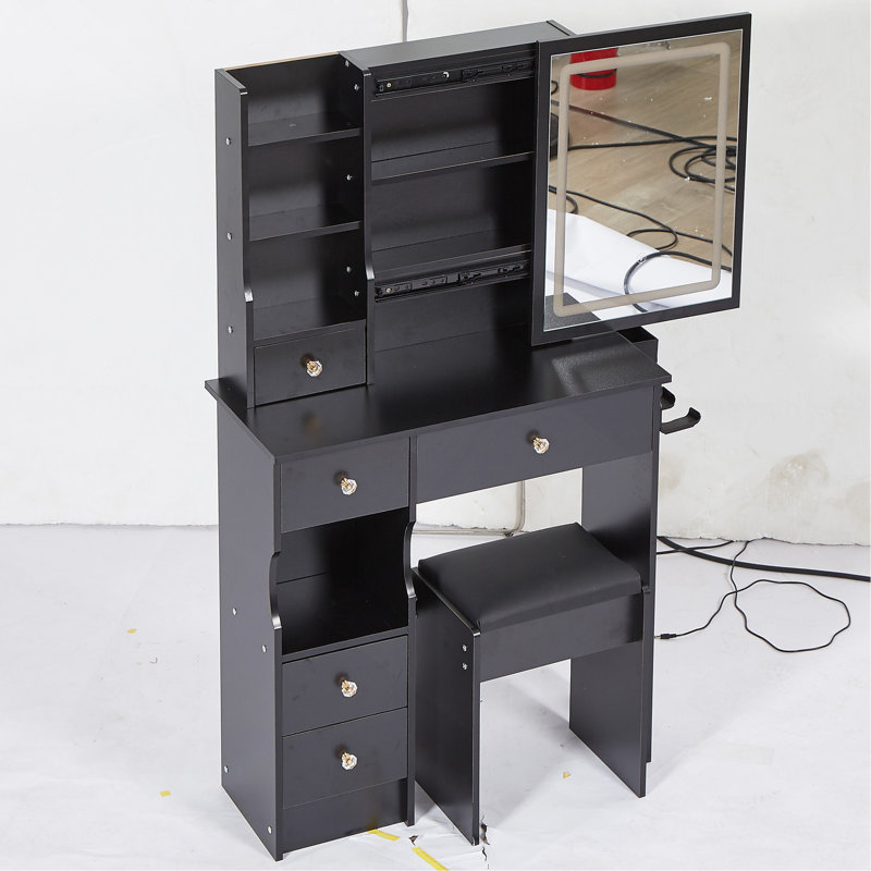 29.2" Small Size Left Drawer Desktop Vanity Table With Cushioned Stool, 2 AC Outlets And 2 USB Ports Power Station, Hair Dryer Bracket, Brightness Adjustment