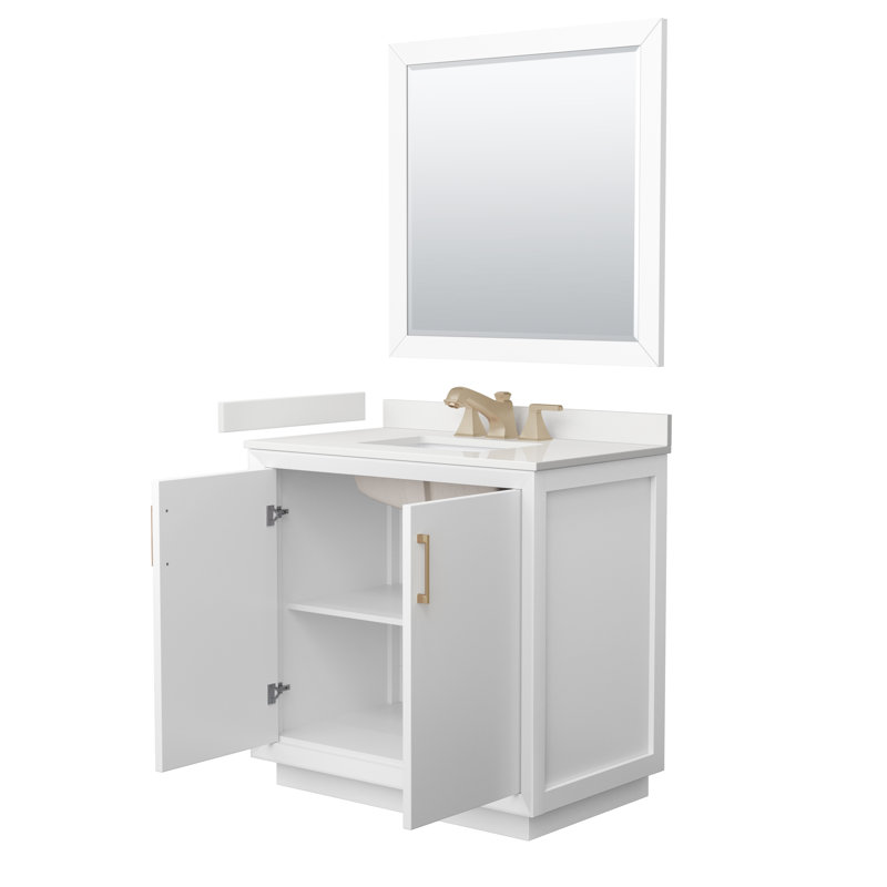 Meuble-lavabo sur pied simple 36 po avec plateau en quartz Strada, WDX13361, Blanc, Bronze satiné