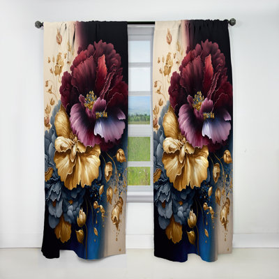 Rideau occultant floral bourgogne et bleu à motif floral I - 1 panneau