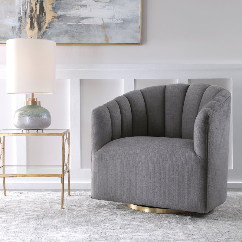 Gray Upholstered Swivel Barrel Chair with Brushed Brass Base