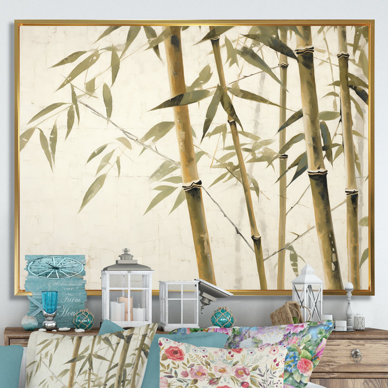 Beige minimalisme bambou sérénité II sur toile, H 30 po x l 40 po x P 1,5 po, Cadre flottant doré