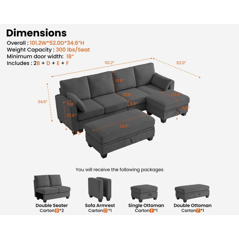 Latitude Run® Modular Sectional Couch| Corduroy Sofa Bed Convertible Chaise With Storage Ottoman For Living Room Modern Furniture, 7 Seater Sleeper