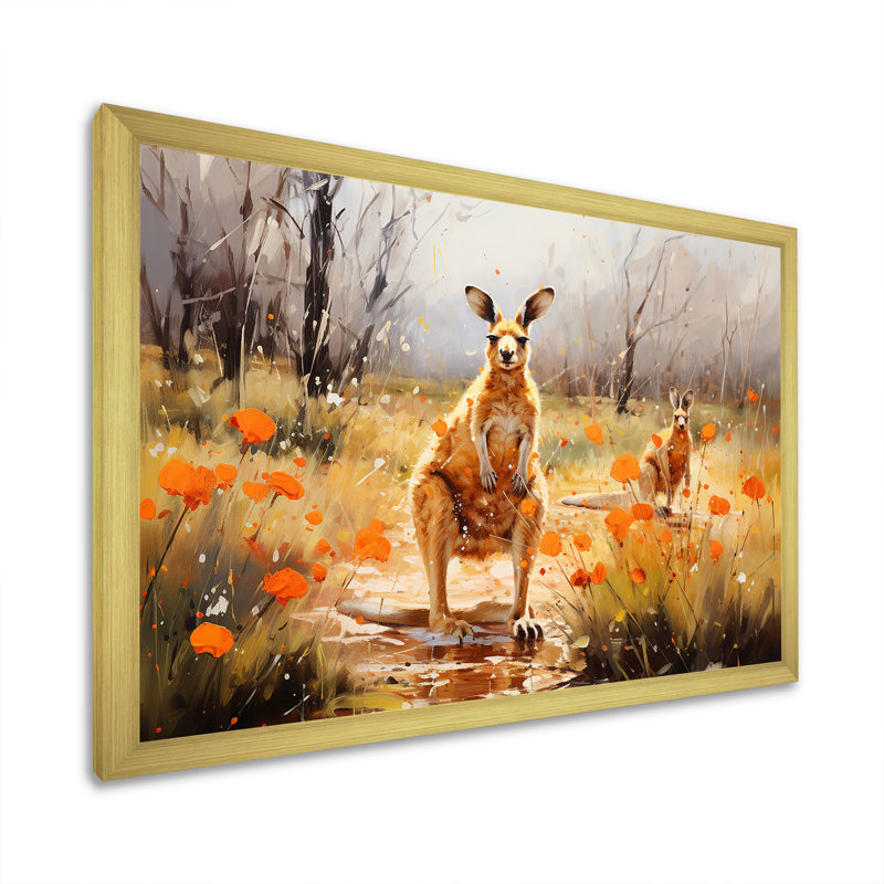 Chemin de kangourou en Australie sur toile, Cadre doré simple, H 16 po x l 32 po x P 1 po