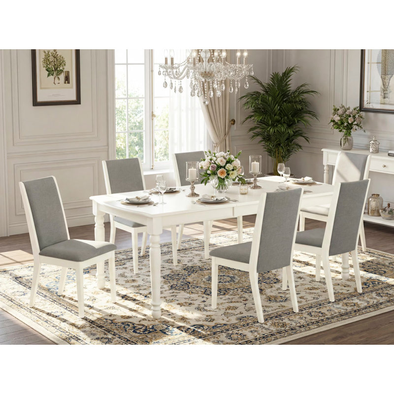 Ensemble de salle à manger 7 pièces composé d'une table de salle à manger rectangulaire avec feuille papillon et 6 chaises rembourrées en tissu Shitake, lin blanc