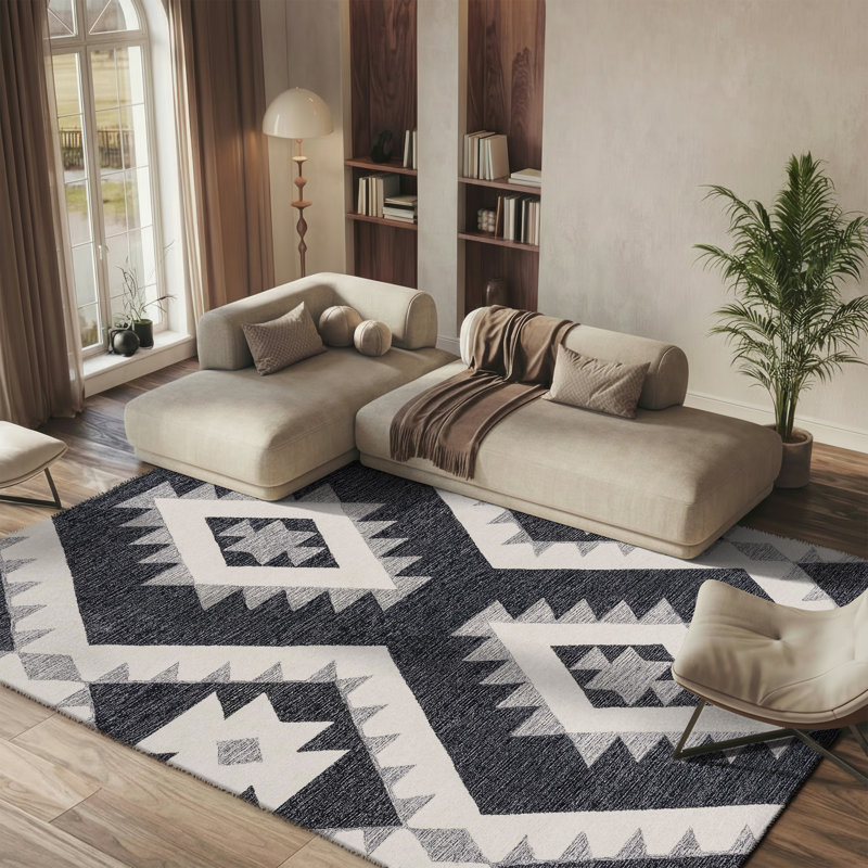 Tapis ivoire / noir en laine touffeté à la main Ares Southwestern, Rectangle 8 pi x 10 pi