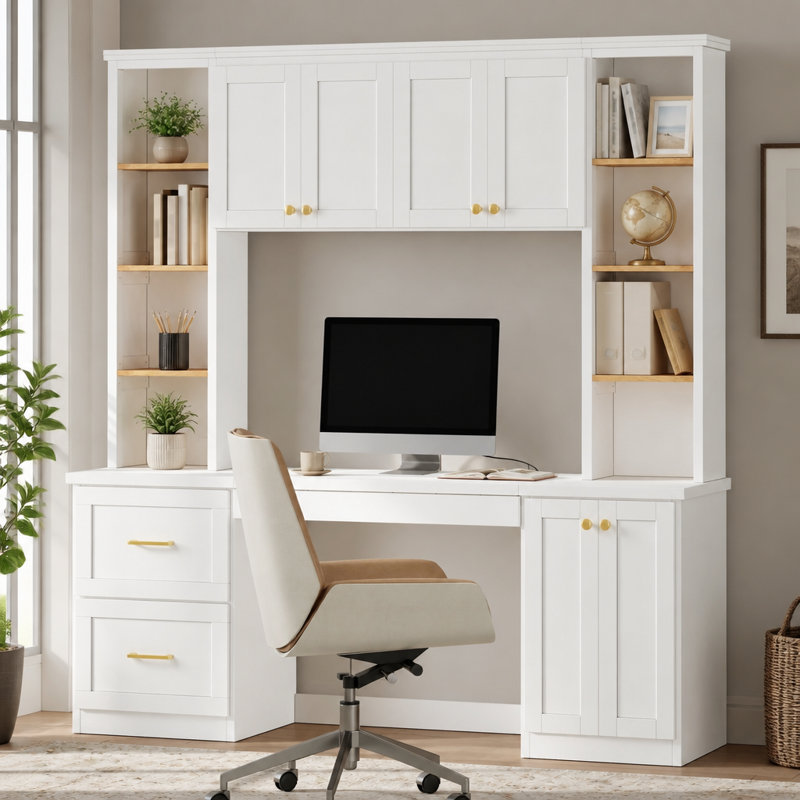 Bureau d'ordinateur Farmhouse avec huche, plateau à clavier, tiroir classeur et tablettes réglables, Blanc