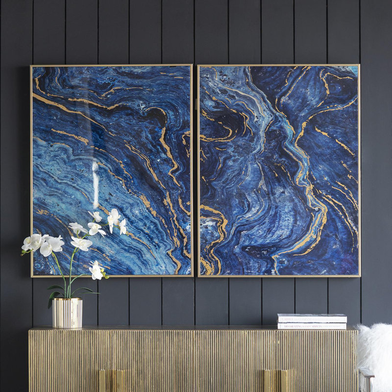 Ensemble de 2 panneaux d'art encadrés bleus et dorés, motif marbré unique, 30,5 po x 40 po