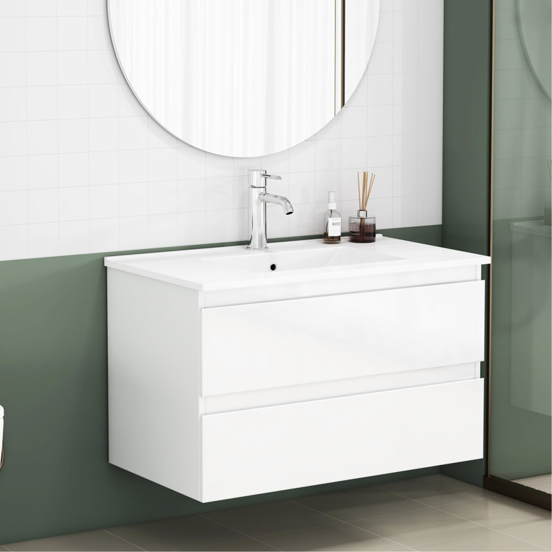 Meuble-lavabo 31,5 po avec lavabo, 2 tiroirs, fermeture douce, poignée, blanc brillant, meuble-lavabo décoratif de taille moyenne