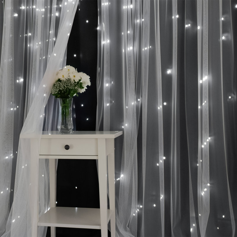 Jenifer Tulle Overlay Star Cutout Solid Room-Darkening Grommet Curtain Panels, 52" W x 63" L, Gray