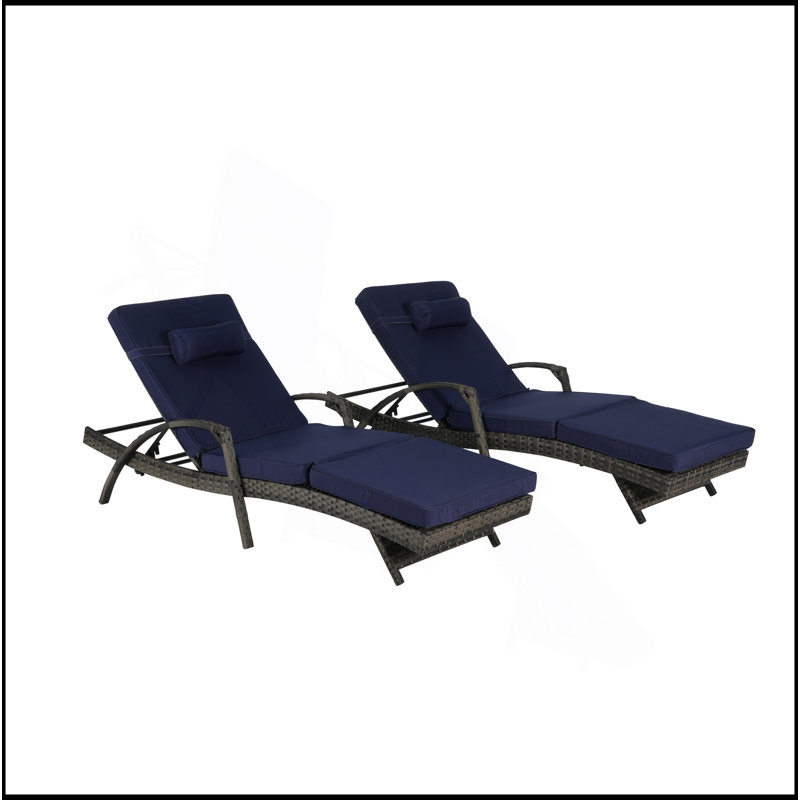 Ensemble de 2 chaises longues d'extérieur en osier avec coussins, chaise longue inclinable en osier, Bleu très foncé