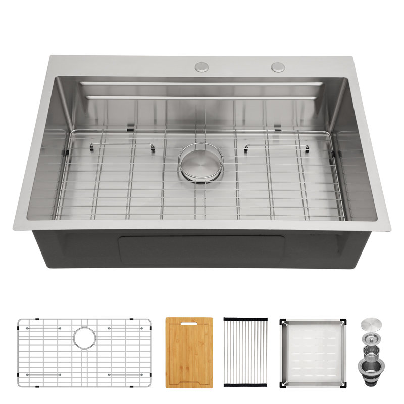 33'' L x 22'' W Drop-in Stainless Steel Kitchen Sink, Single Bowl Kitchen Sink with Sink Grid, Strainer and Roll-up Rack