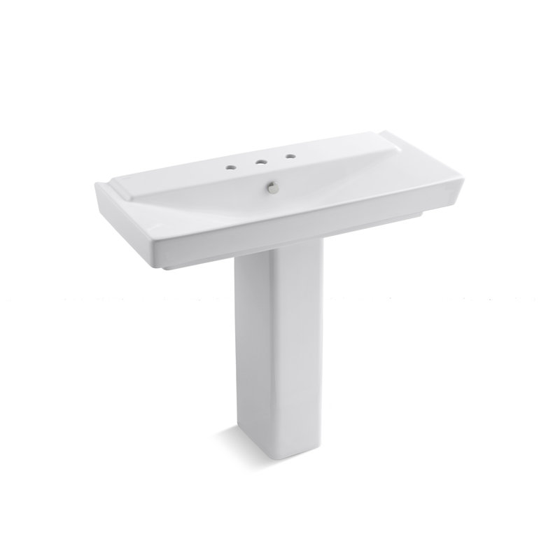 Lavabo sur pied en cÃ©ramique Reve avec trop-plein, Blanc, Centres de 8 po, H 35,5 po x l 18,5 po x L 23,58 po