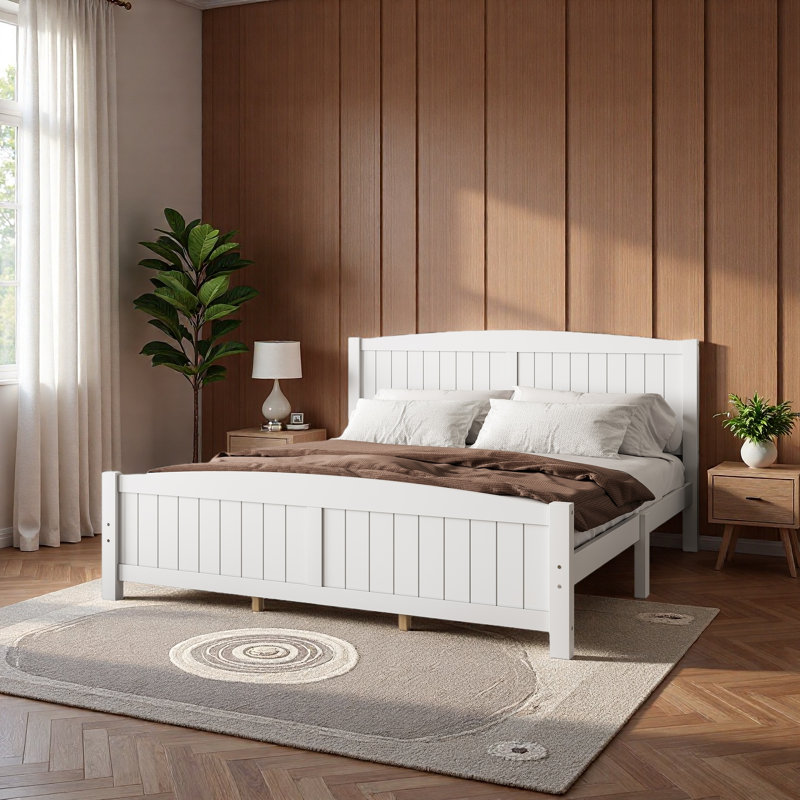 Platform Bed, Solid Wood Platform Bed With Support Slats And Strong Structure, No Box Spring Needed, White, King