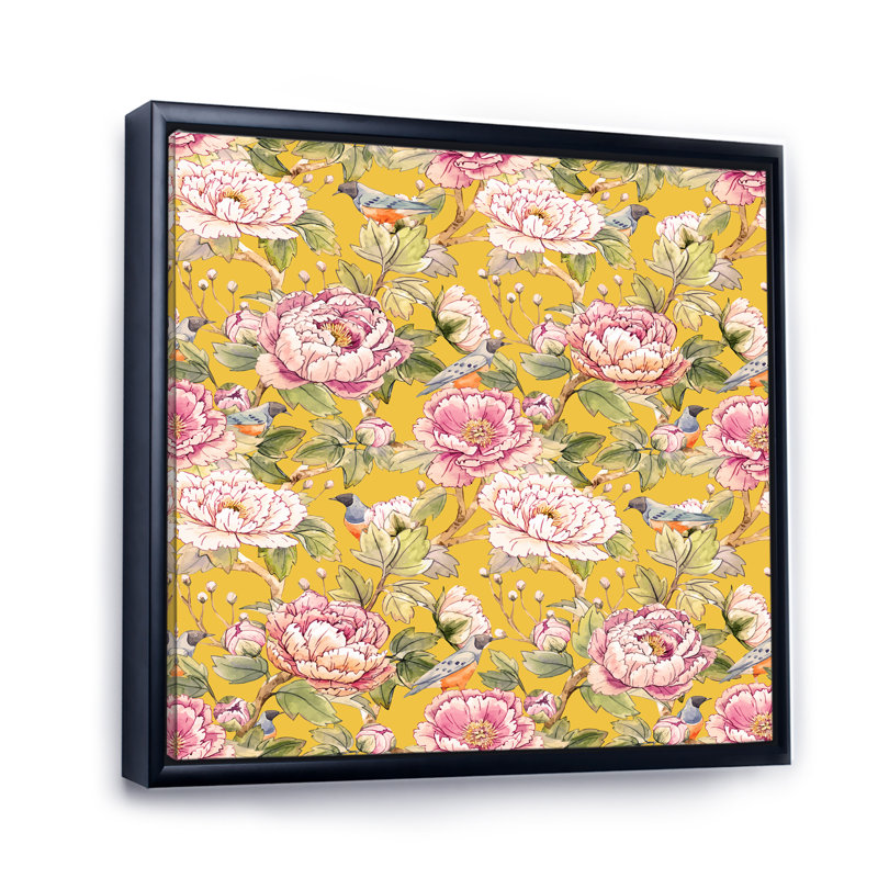 «Pink Chinese Roses On Yellow», reproduction d'art sur toile à motifs, Cadre flottant noir, H 30 po x l 30 po