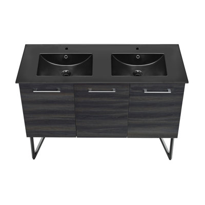 Anneco Meuble-lavabo double en noyer noir avec comptoir en céramique noir