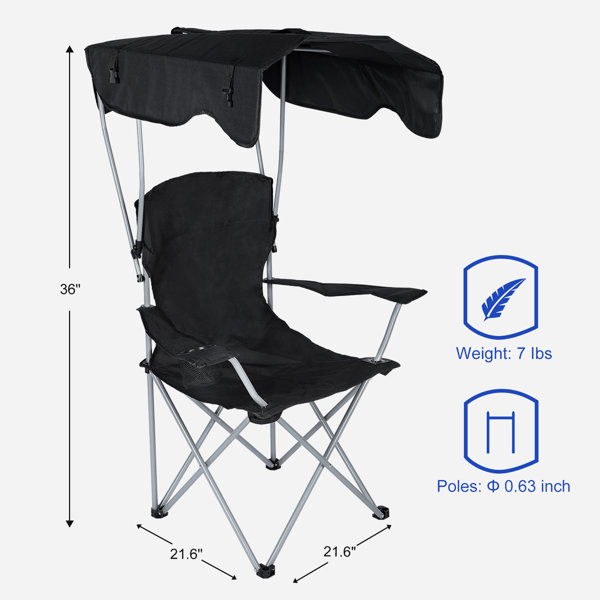 Minodor Portable Lounge Chair Camping Chair with Umbrella and Cup Holder Black for Camping Hiking Arlmont & Co.