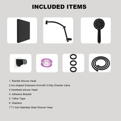 Pomme de douche à effet de pluie 10 pouces avec douchette à main haute pression, extension de bras de douche courbé réglable de 16 pouces, 7 réglages de jet, tuyau 71 pouces et support de douche collant