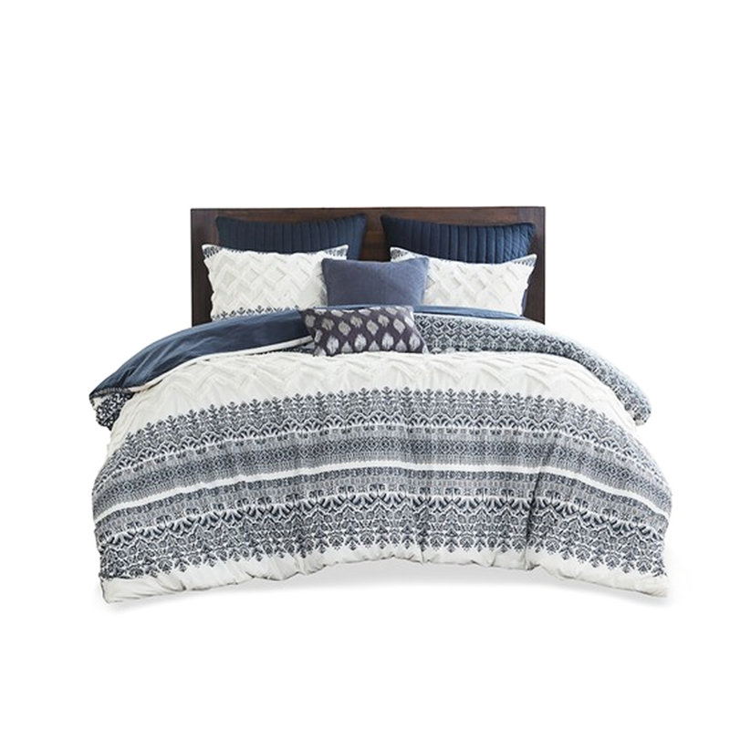 Housse de couette 3 pièces pour grand lit, coton avec chenille, imprimé mis à jour, revers uni, attaches de coin pour housse pour grand lit, capitonnage en chenille, blanc, literie, fermeture à boutons