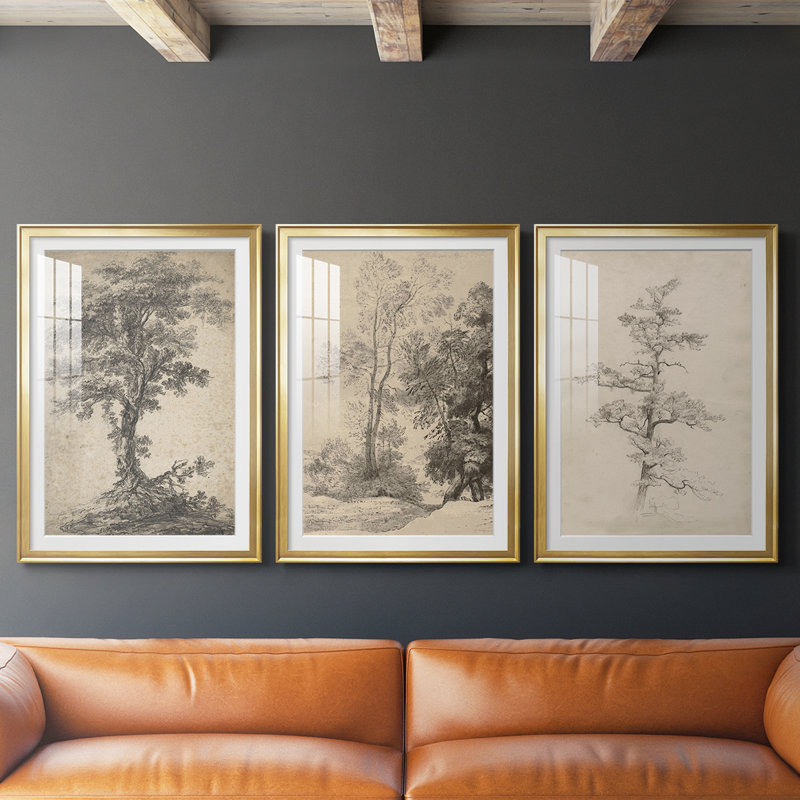 Croquis rétro C - Impression encadrée sur mesure de qualité supérieure mate - 3 pièces, H 19 po x l 27 po, Doré