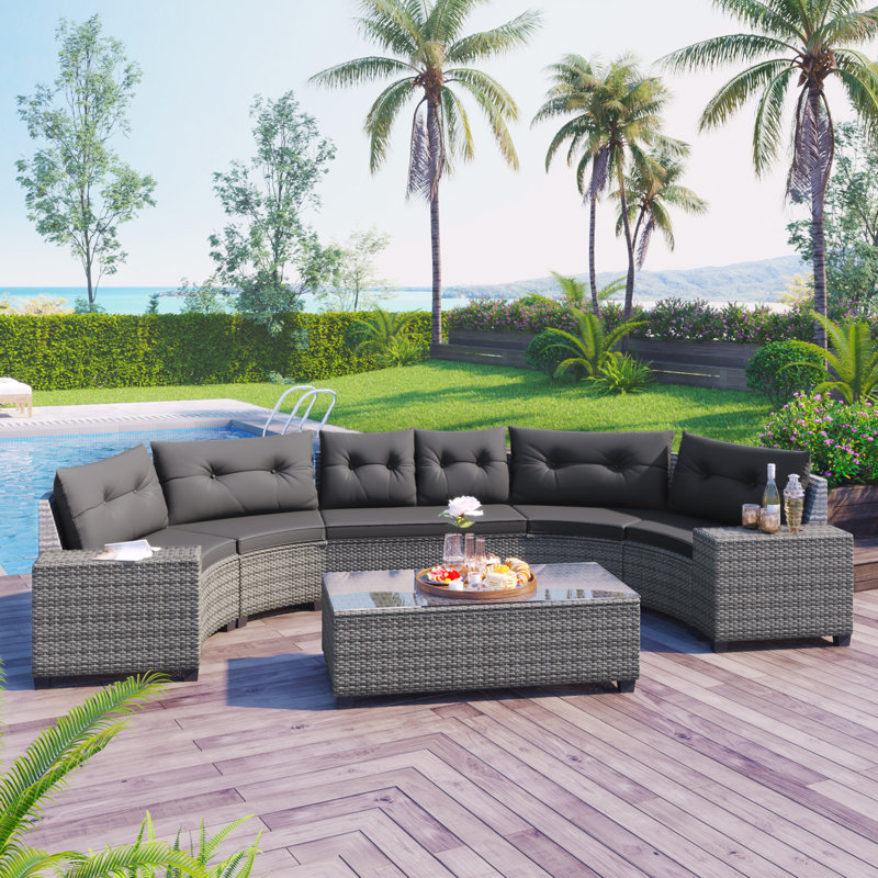 8-Pieces Outdoor Wicker Round Sofa Set, Half-Moon Sectional Sets All Weather, Curved Sofa Set With Rectangular Coffee Table, PE Rattan Water-Resistant And UV Protected, Movable Cushion
